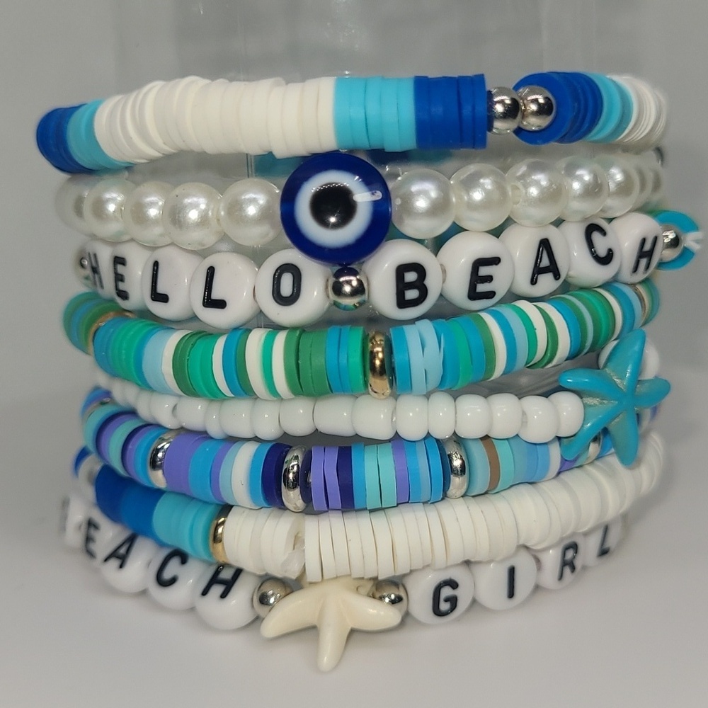 8 Blue Lagoon Beach-Themed Surfer Beaded Stack Bracelet Set Stackable Boho Charm